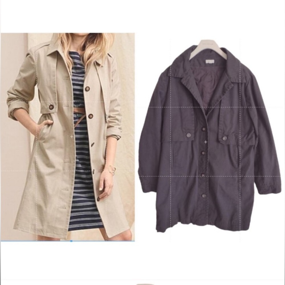 Garnet Hill Navy Blue Trench Coat Jacket Button Front Pockets Boxy Chic Neutral